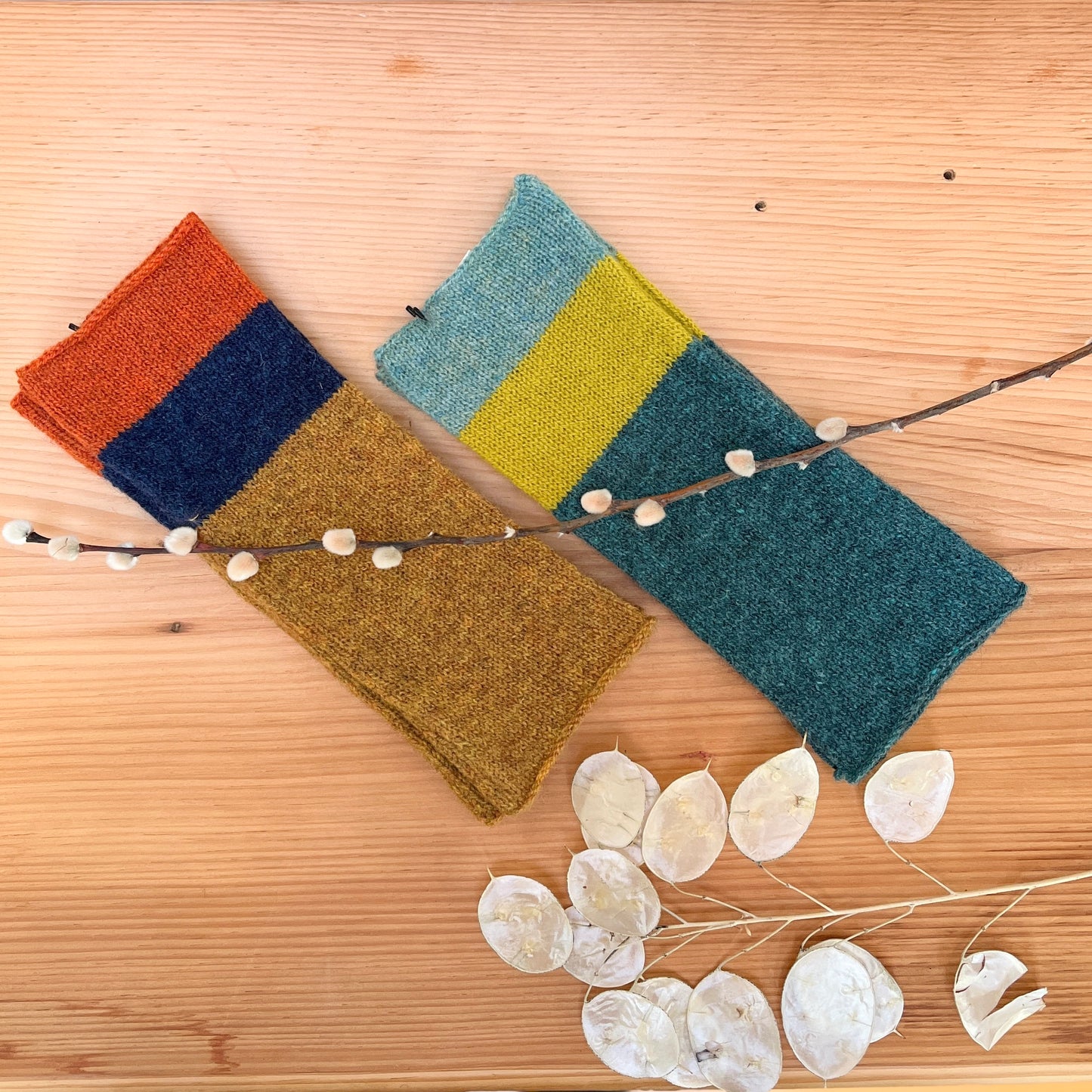 Colour Block Lambswool Wrist Warmers- "Glow"