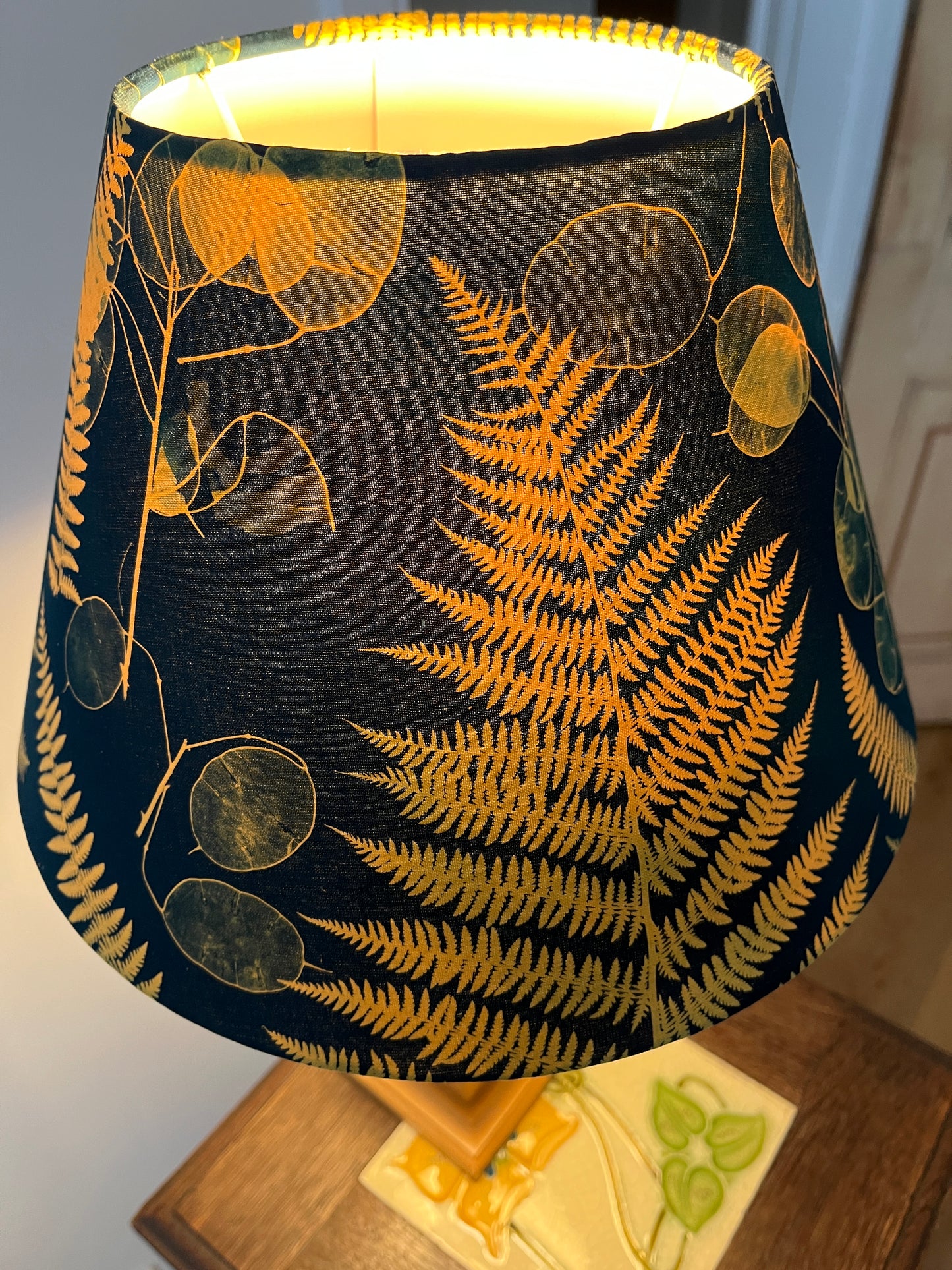 Lampshade- coolie shape - 30cms diameter at bottom. Gold /Pine Green