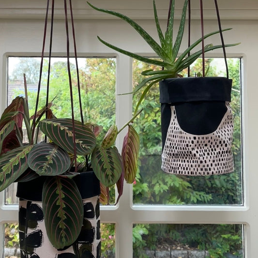Hanging Plant Holder- Hand Printed Linen, Stem Design