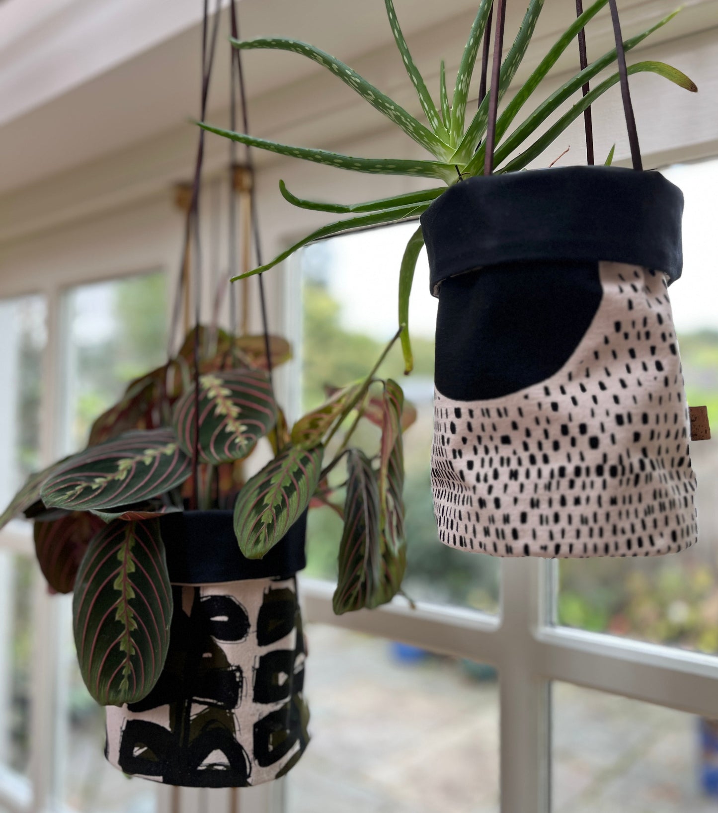 Hanging Plant Holder- Hand Printed Linen, Stem Design