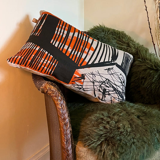 Rooftops cushion- A stunning graphic, modern design in Brick, Black and natural.  50 x 34 cms.  Comes with an ethically sourced feather cushion pad and a metal zip opening and  leather zip puller.