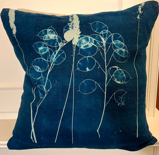 A unique handmade cushion featuring original cyanotype print. Each cyanotype piece is made individually by me so every one is an original. The cushion is in aqua linen.
