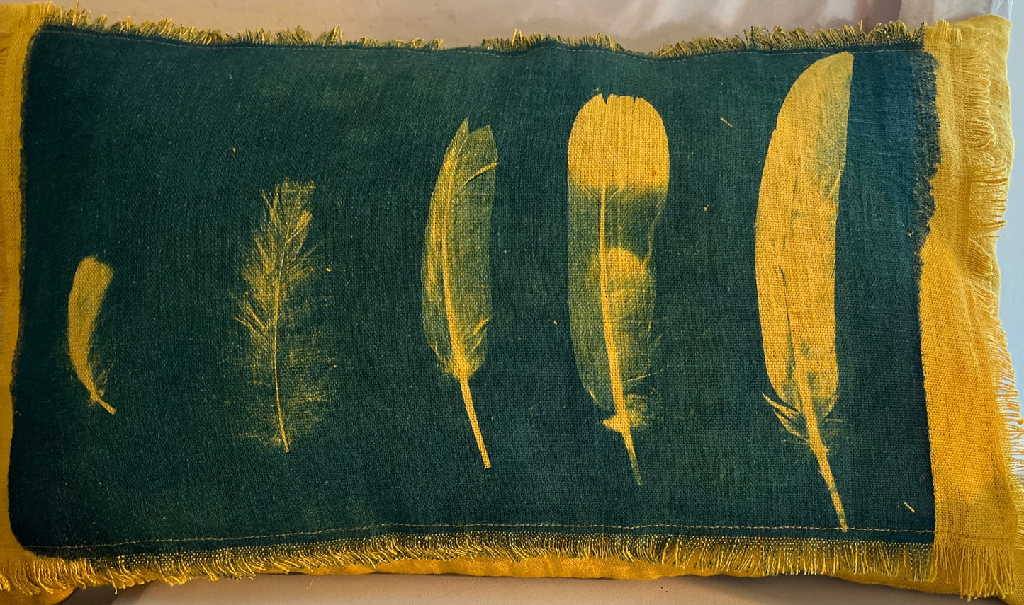 Cushion - Gold Linen "5 Feathers" Cyanotype