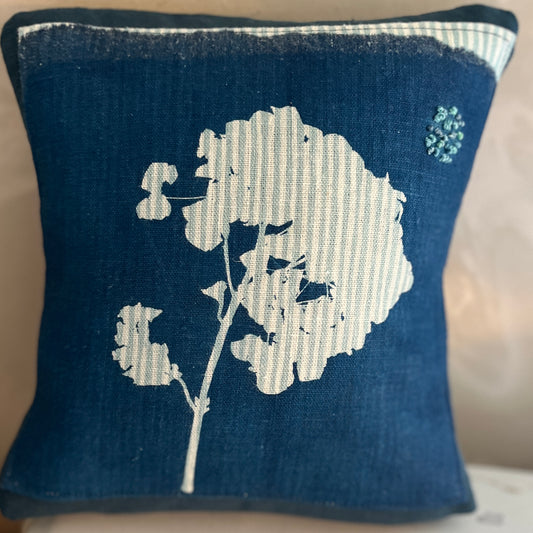 Small Cushion- Aqua & Blue "Hydrangea" Cyanotype with embroidery