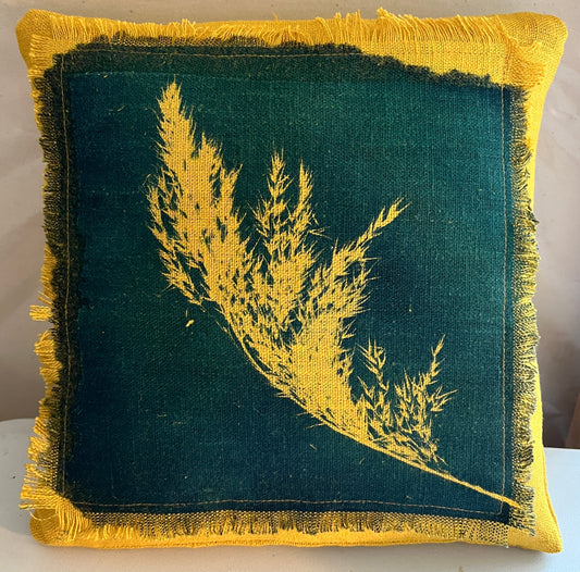 Small Cushion - Gold "Feathery Grass" Cyanotype