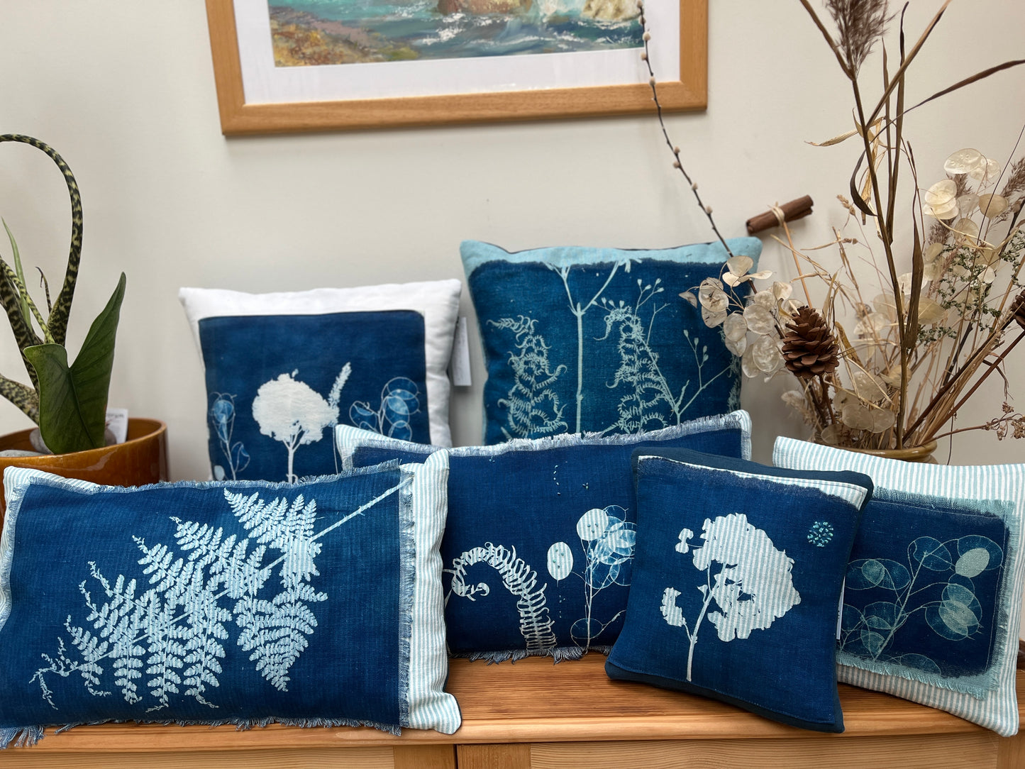 hand printed cyanotype cushions made in Scotland. Linen.