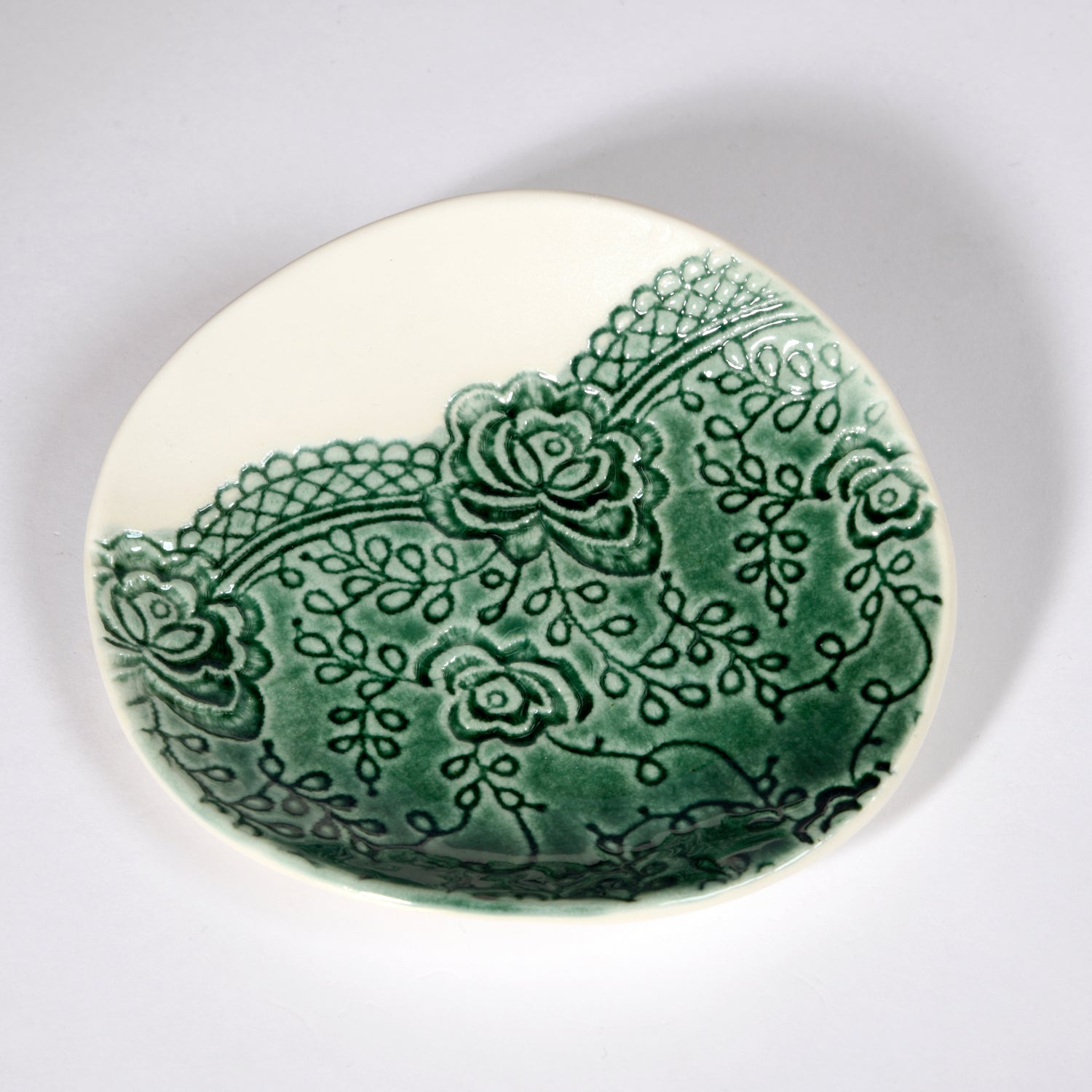 Dainty trinket plate with embossed lace detailing