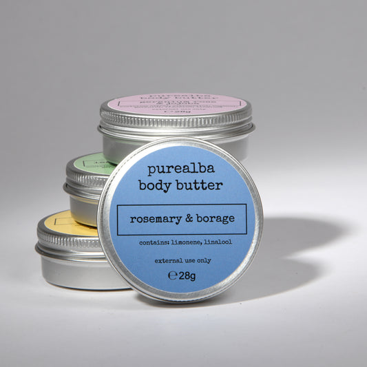With the slightly medicinal scent of organic rosemary essential oil this rich body butter is fresh and stimulating. Rosemary is known for its benefits to the immune system and can help ease headaches and reduce puffiness of the skin. It is said to soothe inflammation and stimulate circulation. Borage oil has been used traditionally to help ease the symptoms of psoriasis, it is high in linoleic acid and is anti-inflammatory, acting like your natural oils to protect against flare ups and irritation.