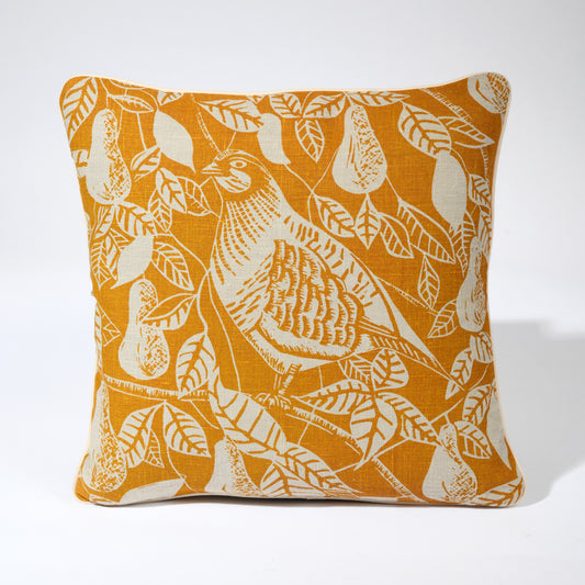 Cushion, Partridge Amber - Skilfully designed and hand printed in Cumbria in pure linen. Available in 2 colours.