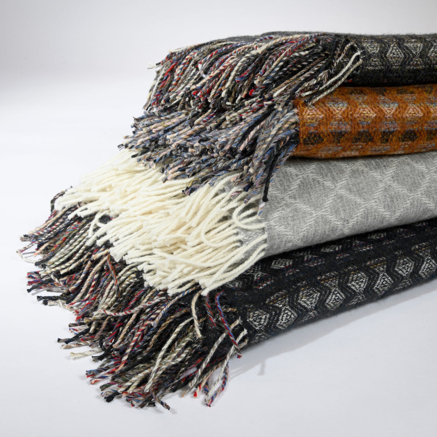 Throw, Diamond Design in Lambswool. Woven in Scotland. Dove Grey with Ivory.