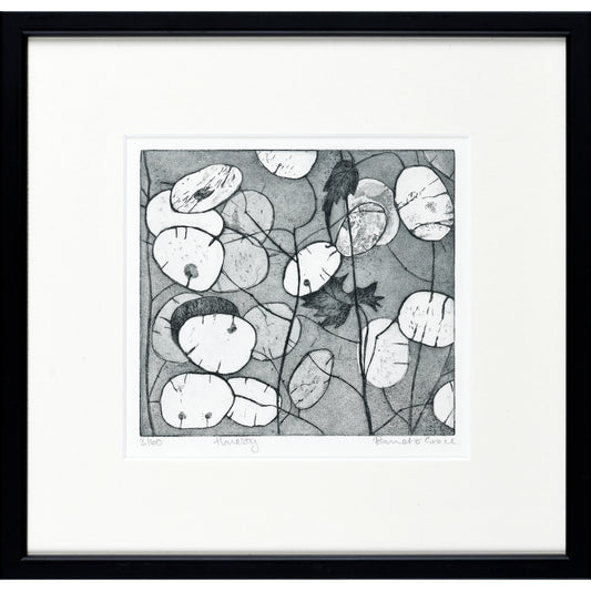 Framed print etching made on zinc plate. 