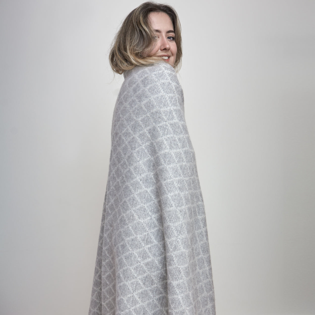 Throw, Diamond Design in Lambswool. Woven in Scotland. Dove Grey with Ivory.
